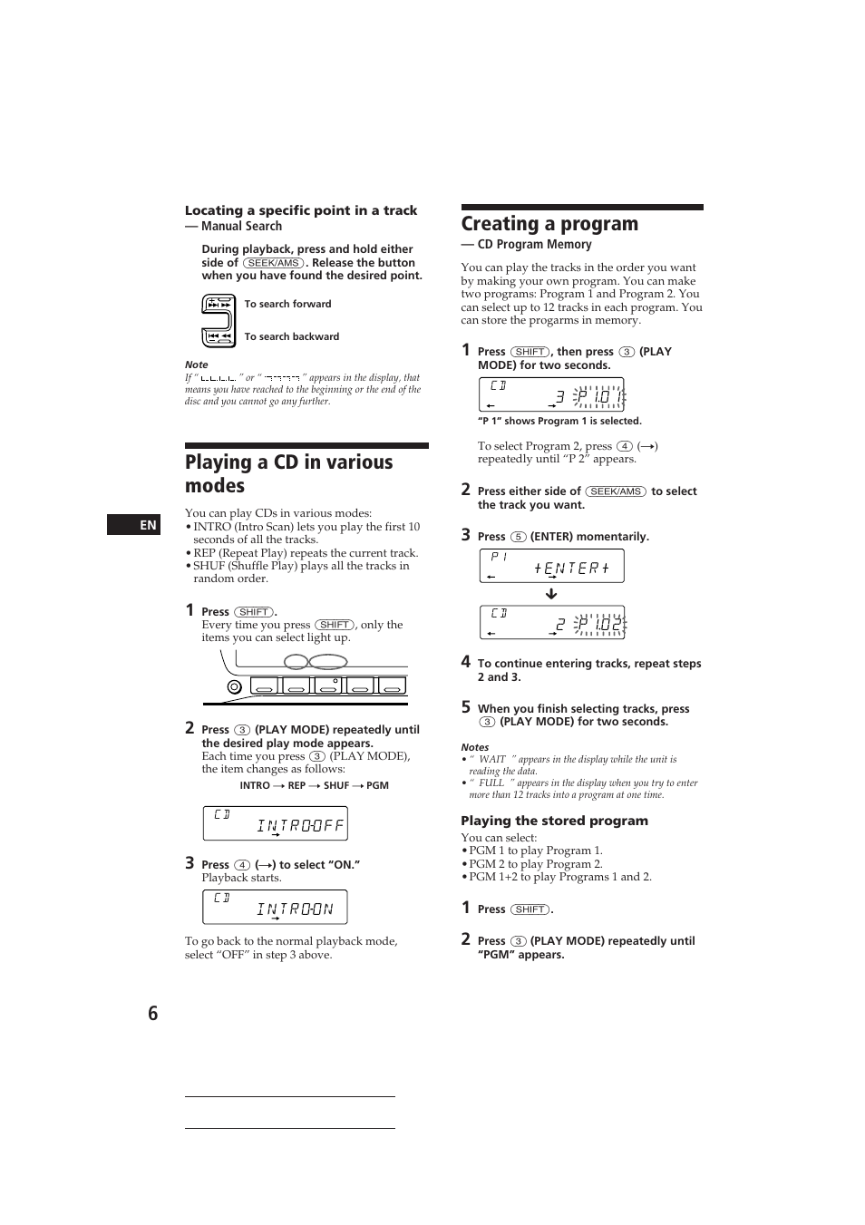 Creating a program, Playing a cd in various modes, 3 p101 | Introoff, Introon | Sony CDX-C710 User Manual | Page 6 / 32