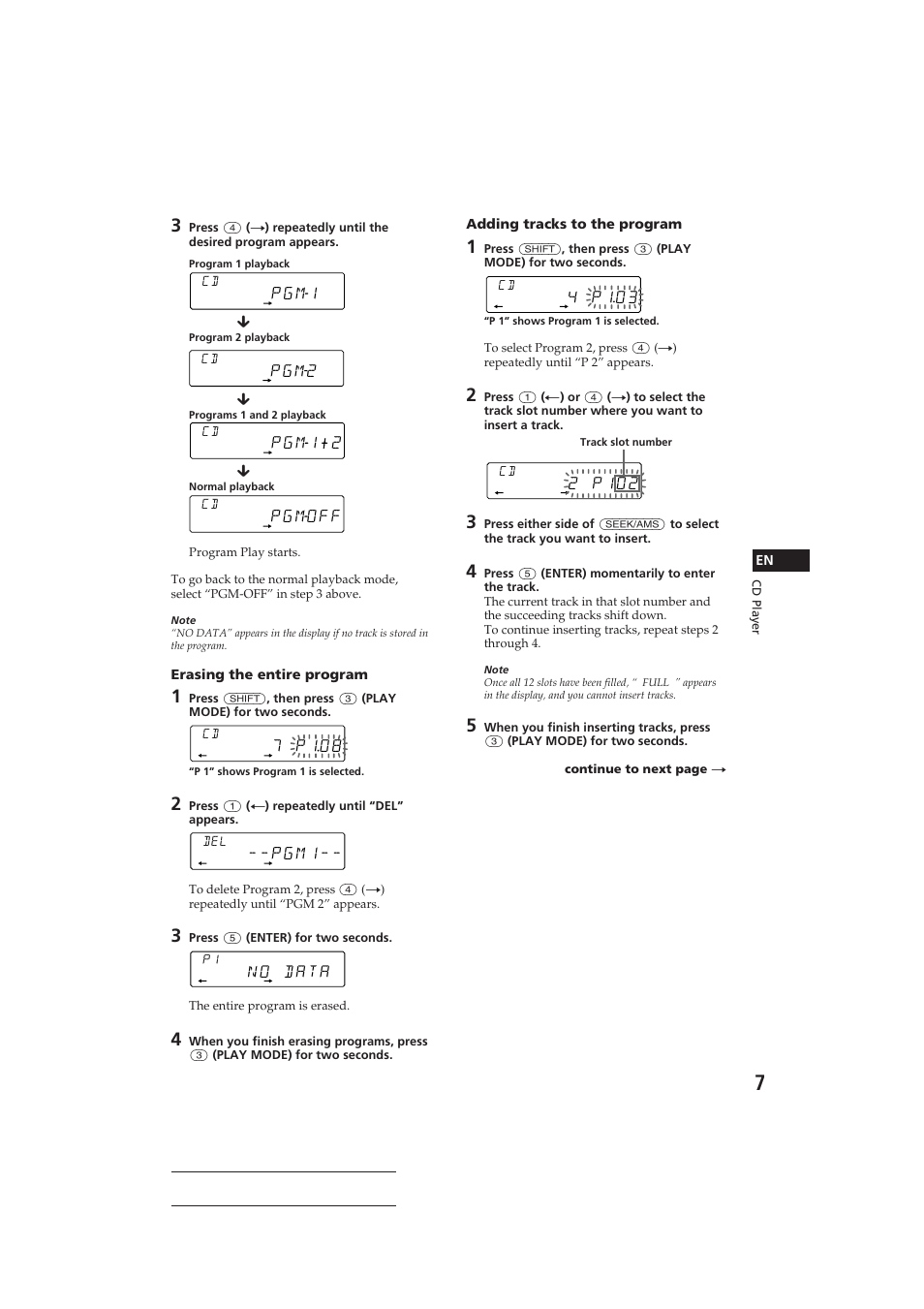 Pgm1, Pgmoff, 2 p102 | 4 p103, Pgm2, Pgm1 2, 7 p108, Erasing the entire program, Adding tracks to the program | Sony CDX-C710 User Manual | Page 7 / 32