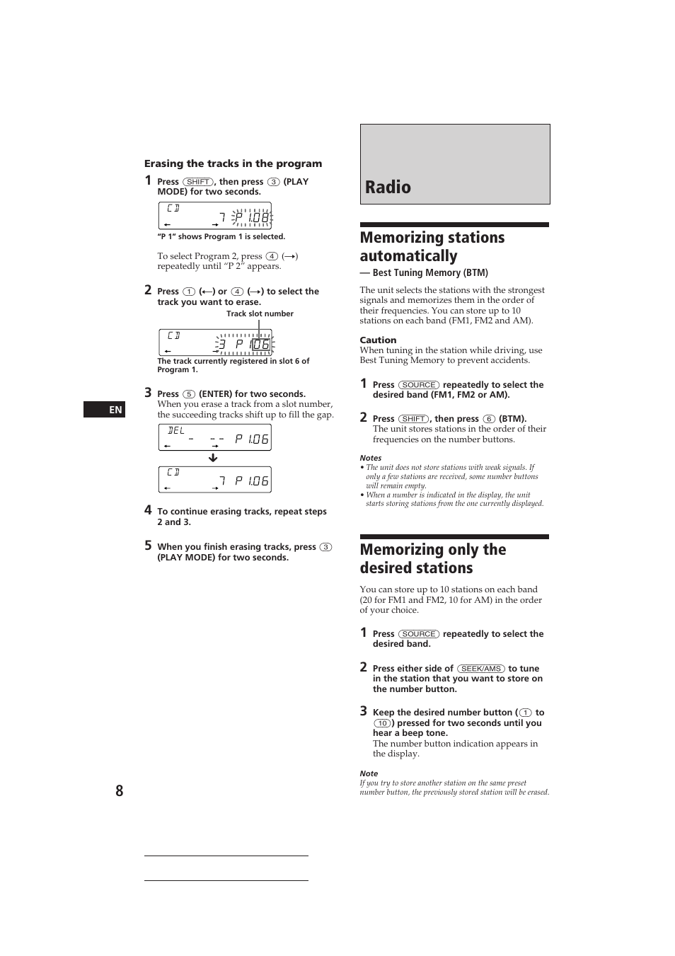 Radio, 7 p108, 3 p106 | P106 | Sony CDX-C710 User Manual | Page 8 / 32