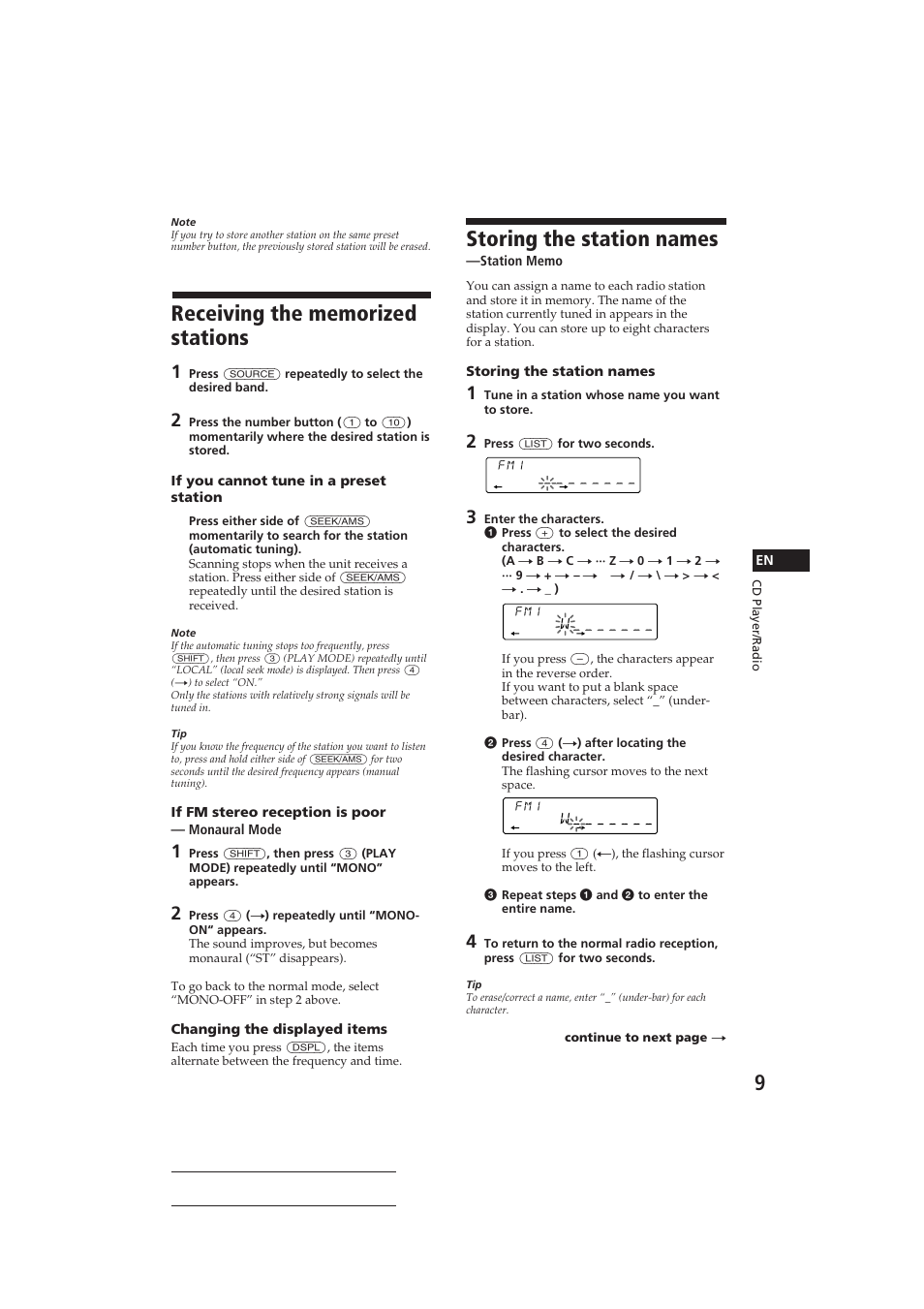 Storing the station names | Sony CDX-C710 User Manual | Page 9 / 32