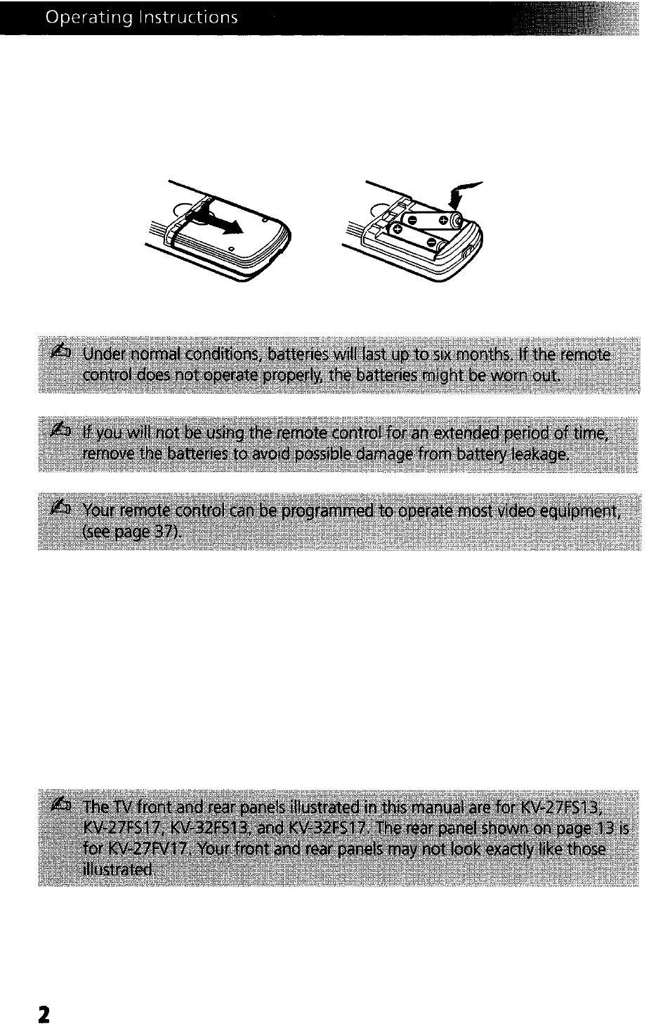 Batteries for the remote control, About this manual | Sony WEGA KV-27FS13 User Manual | Page 10 / 61