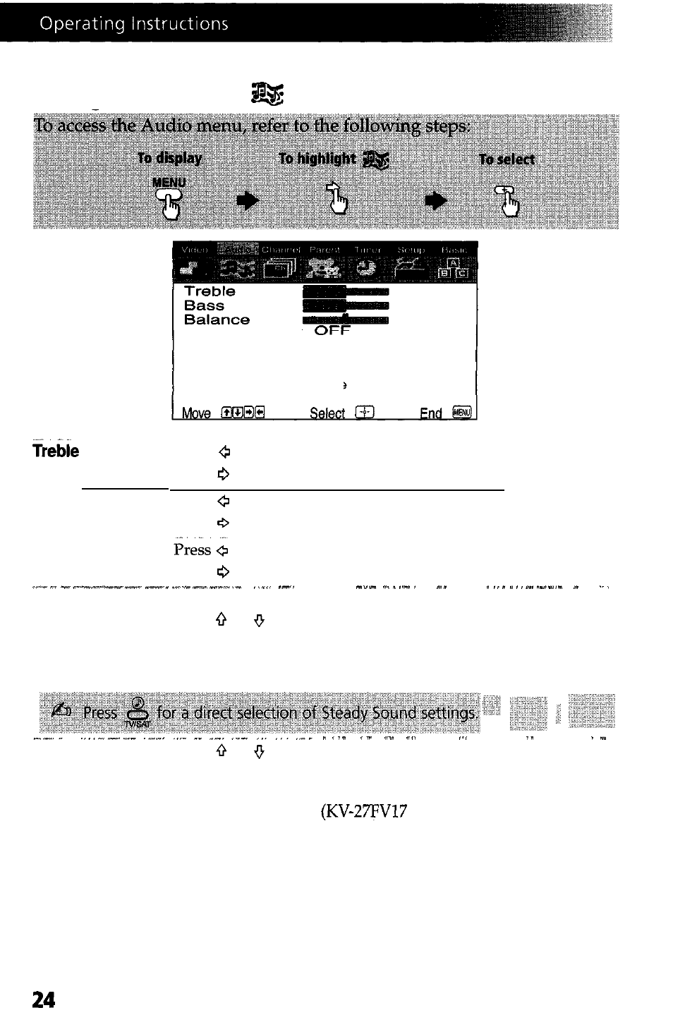 Audio menu, Using the audio menu | Sony WEGA KV-27FS13 User Manual | Page 32 / 61
