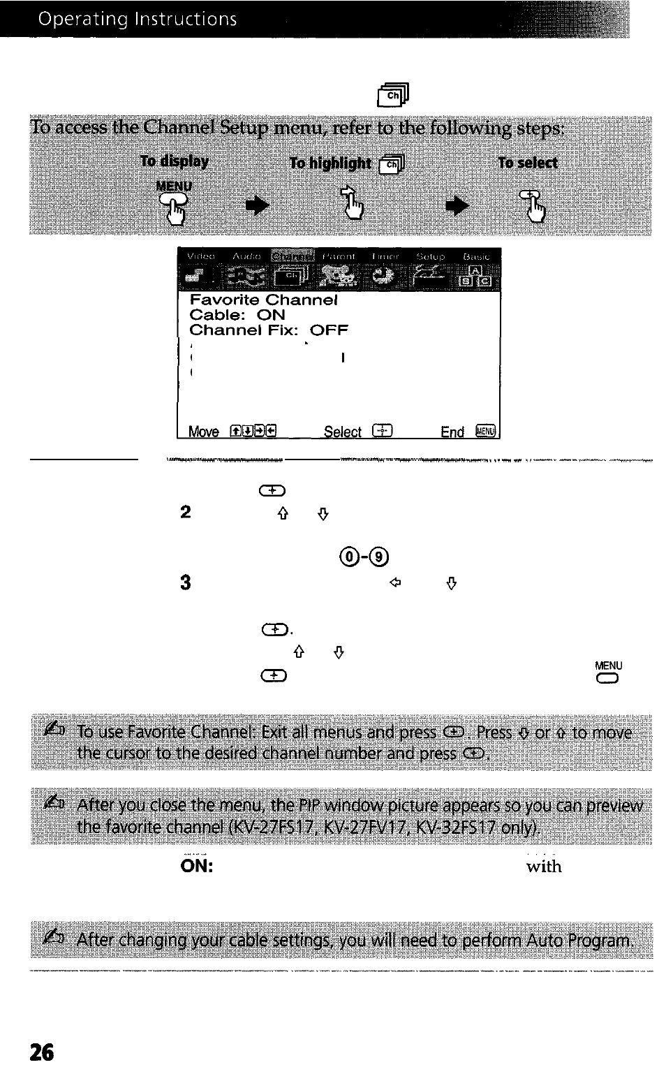 Chan. setup, Using the channel setup menu | Sony WEGA KV-27FS13 User Manual | Page 34 / 61