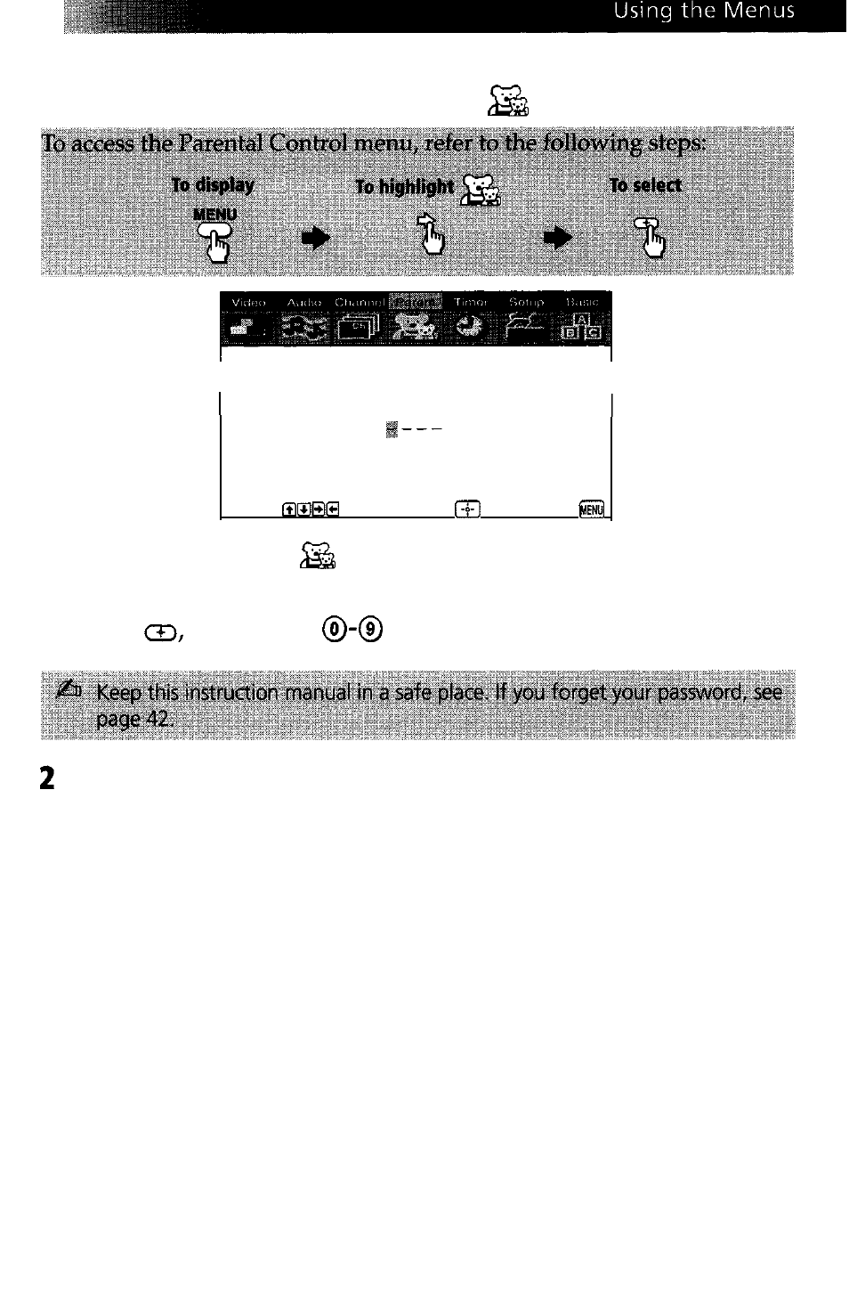 Using the parental control menu | Sony WEGA KV-27FS13 User Manual | Page 39 / 61