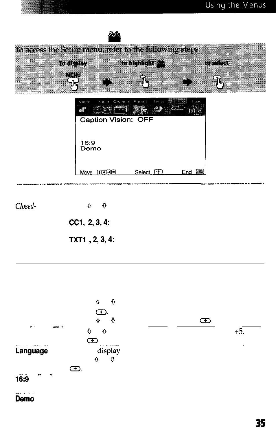 Setup menu, Using | Sony WEGA KV-27FS13 User Manual | Page 43 / 61