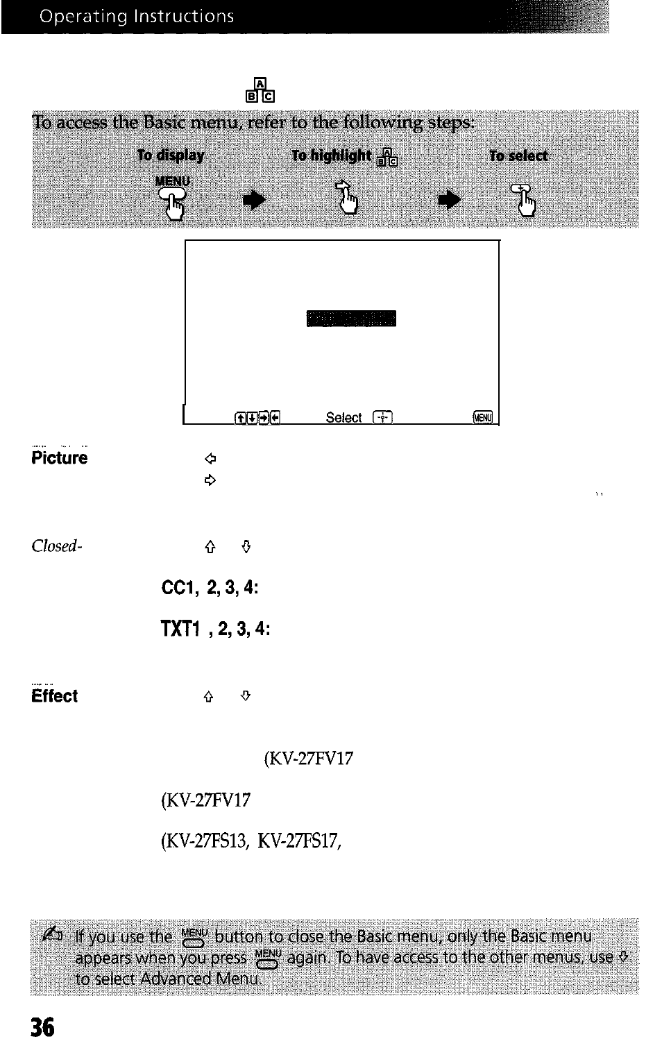 Basic menu, Using the basic menu | Sony WEGA KV-27FS13 User Manual | Page 44 / 61