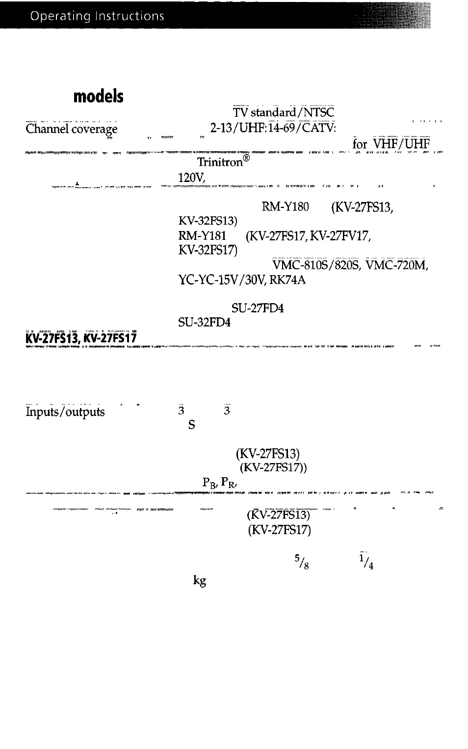 Specs, Specifications | Sony WEGA KV-27FS13 User Manual | Page 52 / 61