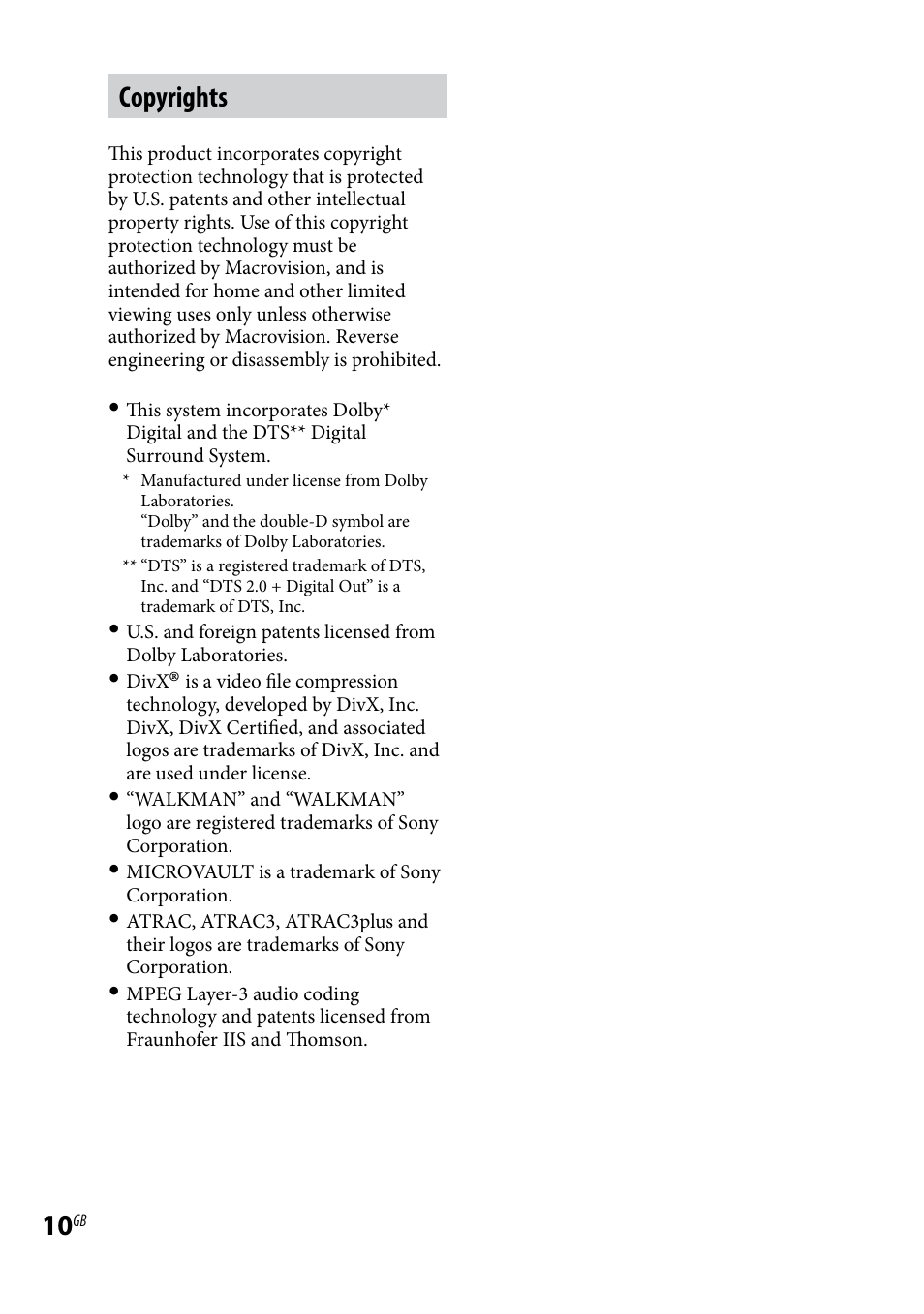 Copyrights | Sony 3-097-194-15(1) User Manual | Page 10 / 112