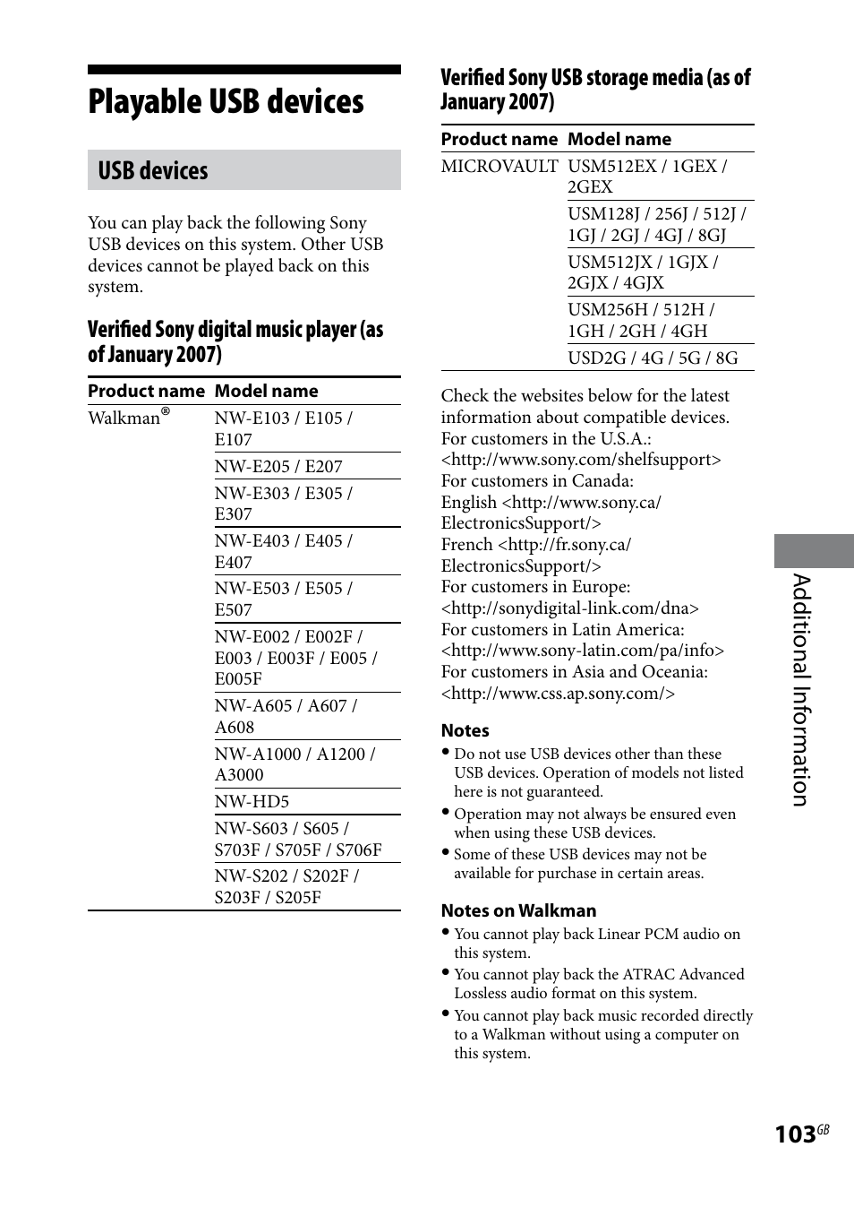 Playable usb devices, Usb devices, Additional i nf or ma tion | Sony 3-097-194-15(1) User Manual | Page 103 / 112