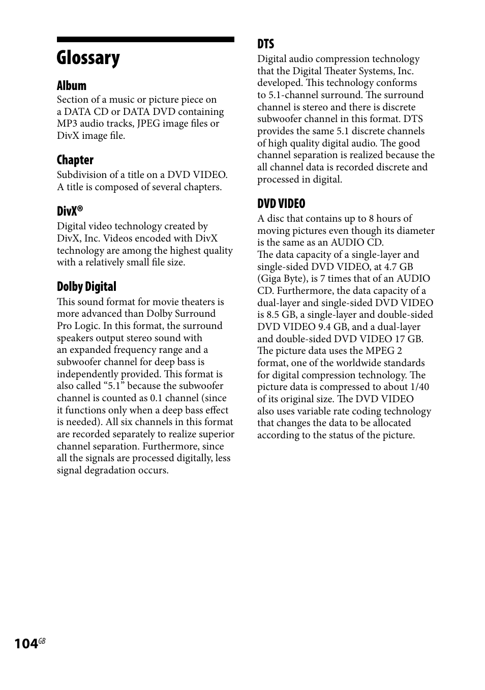 Glossary, Album, Chapter | Divx, Dolby digital, Dvd video | Sony 3-097-194-15(1) User Manual | Page 104 / 112