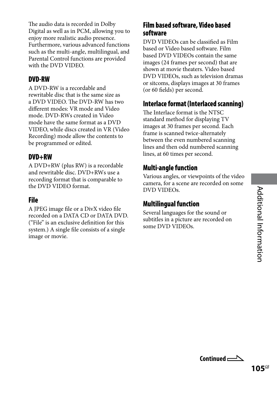 Additional i nf or ma tion, Dvd-rw, Dvd+rw | File, Film based software, video based software, Interlace format (interlaced scanning), Multi-angle function, Multilingual function | Sony 3-097-194-15(1) User Manual | Page 105 / 112