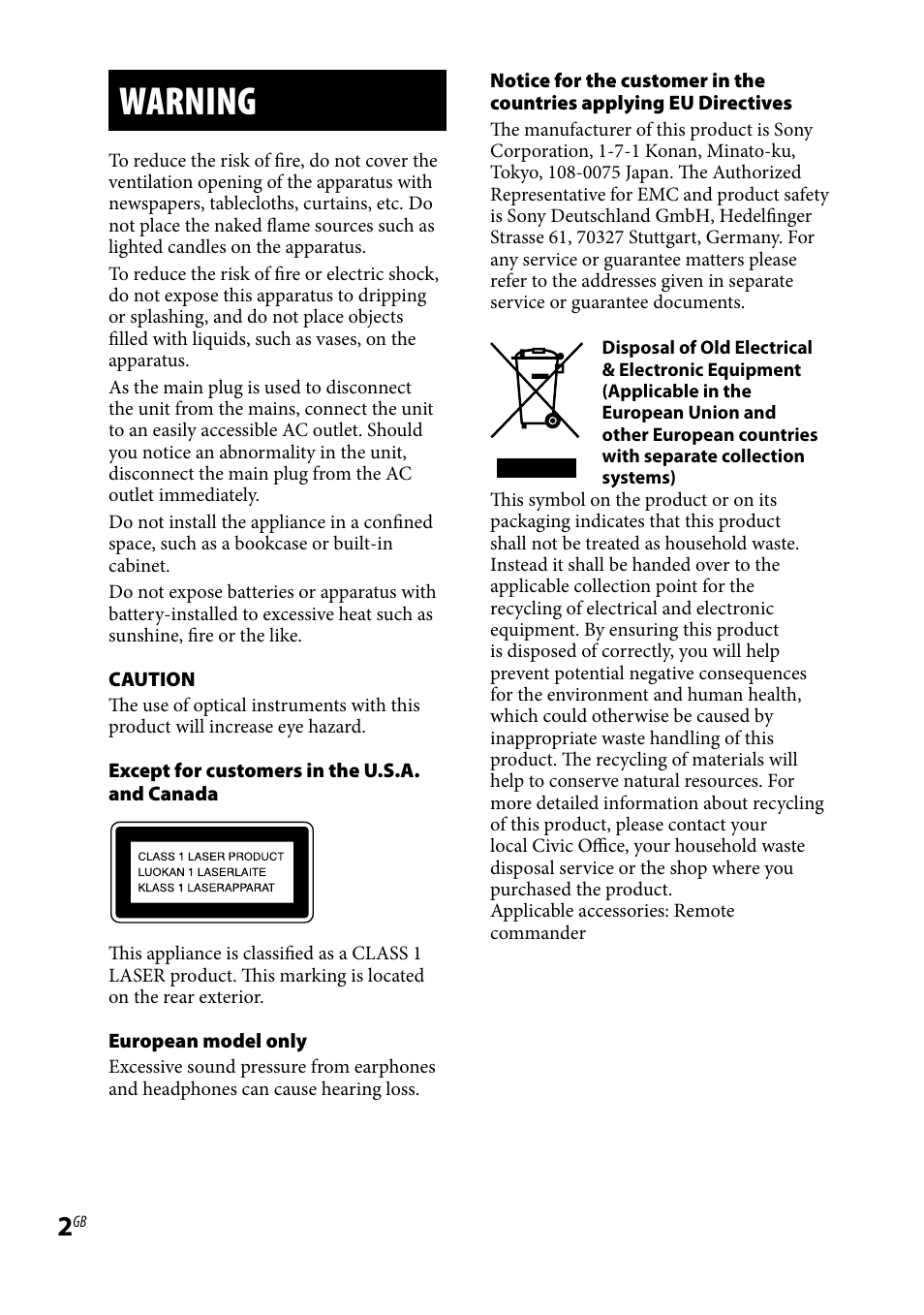 Warning | Sony 3-097-194-15(1) User Manual | Page 2 / 112