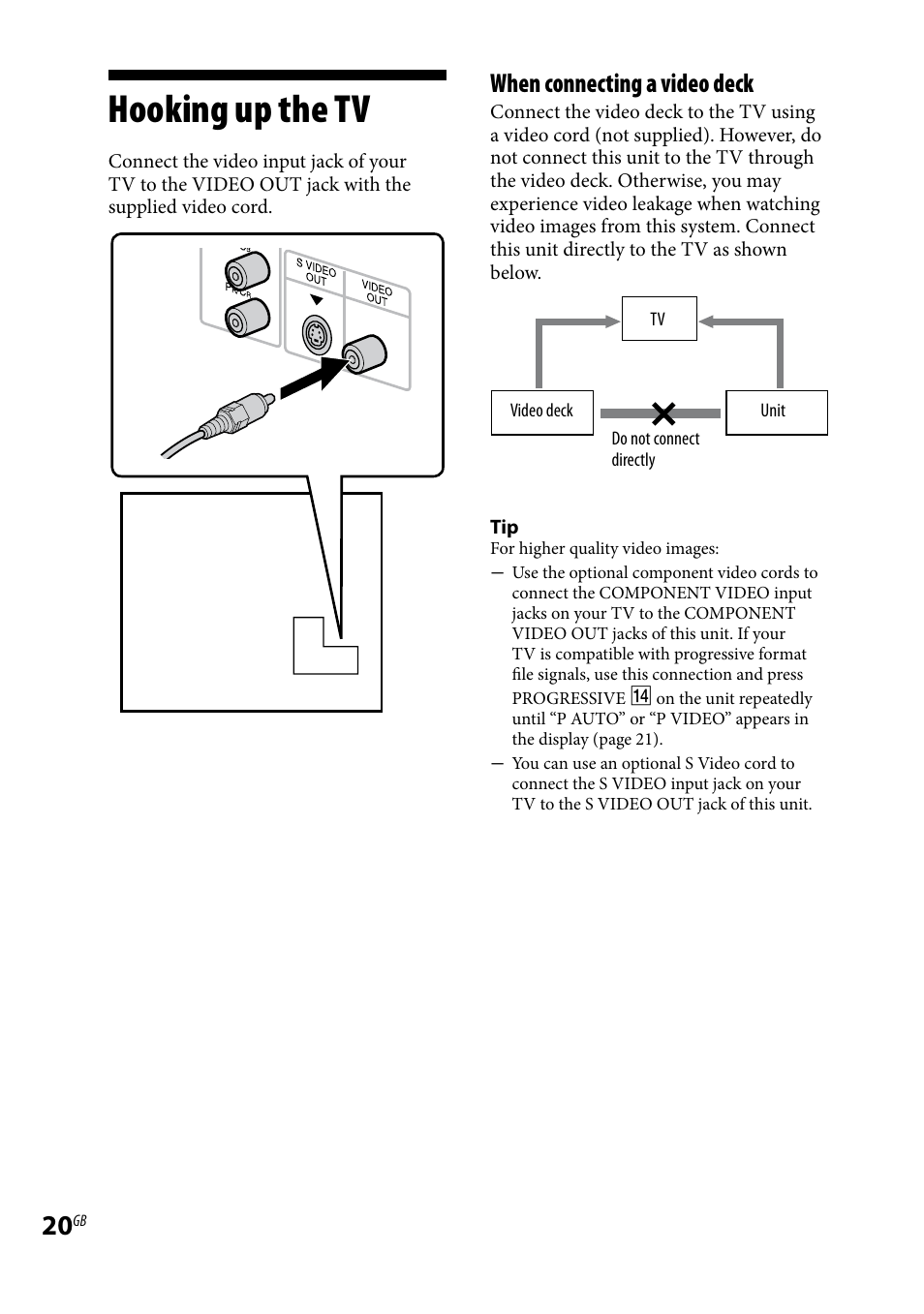 Hooking up the tv, When connecting a video deck | Sony 3-097-194-15(1) User Manual | Page 20 / 112
