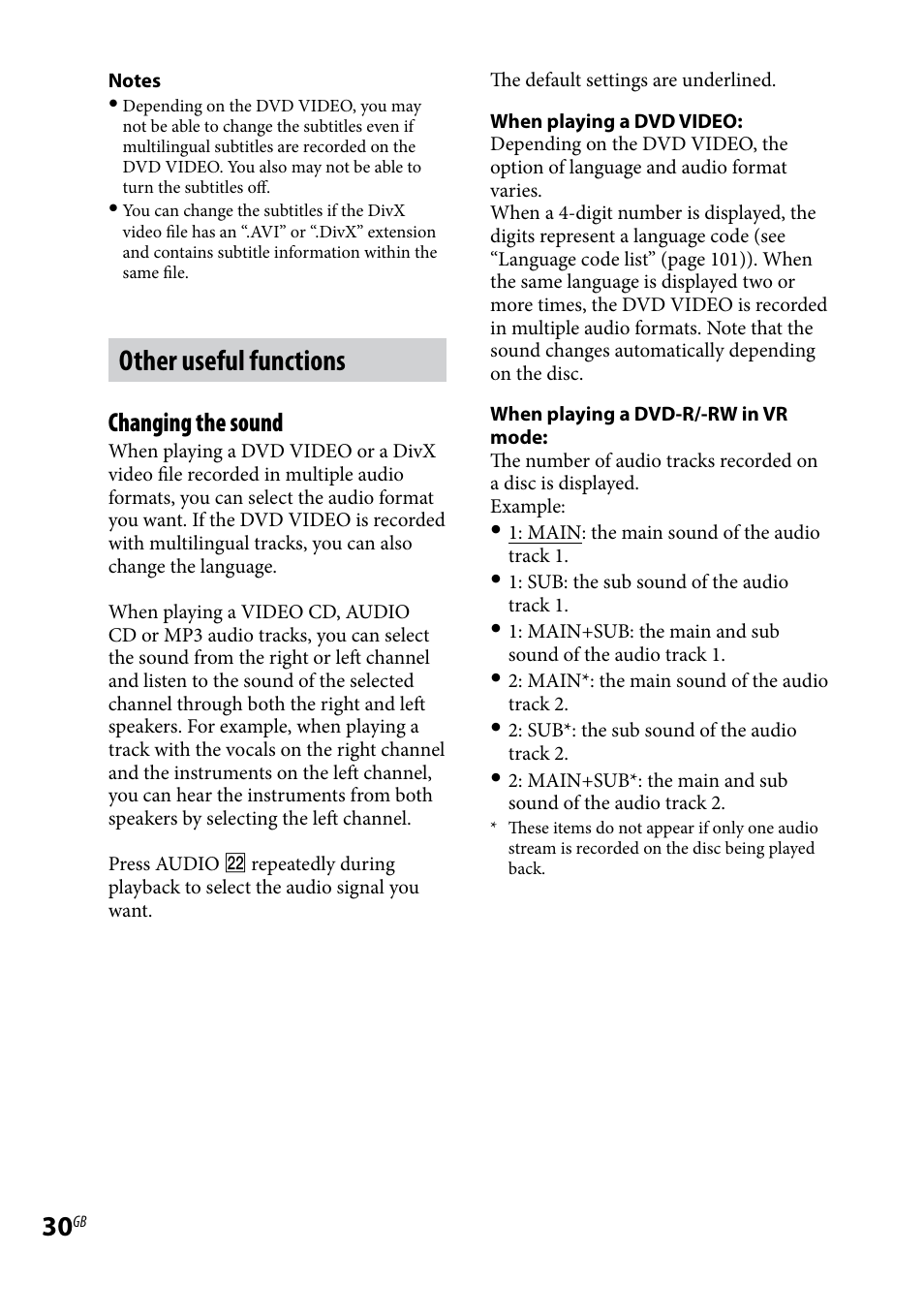 Other useful functions, Changing the sound | Sony 3-097-194-15(1) User Manual | Page 30 / 112