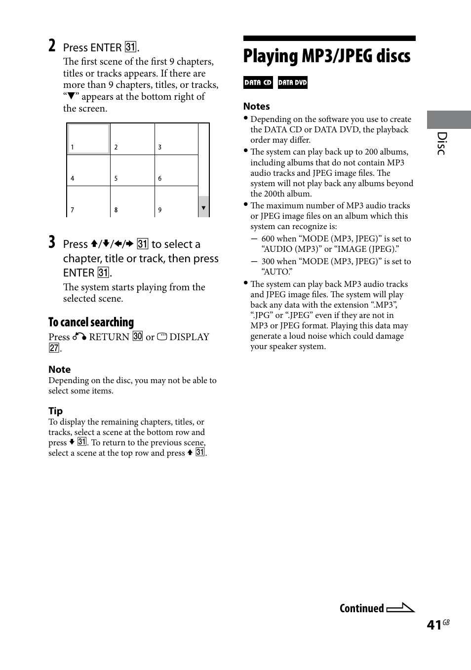 Playing mp3/jpeg discs, Disc | Sony 3-097-194-15(1) User Manual | Page 41 / 112