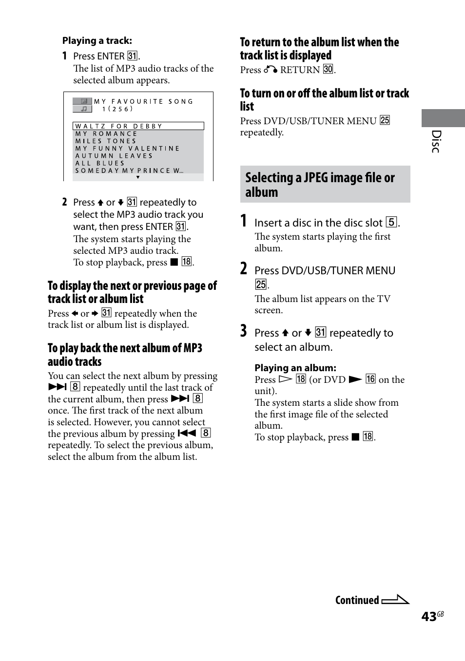 Selecting a jpeg image file or album, Disc | Sony 3-097-194-15(1) User Manual | Page 43 / 112