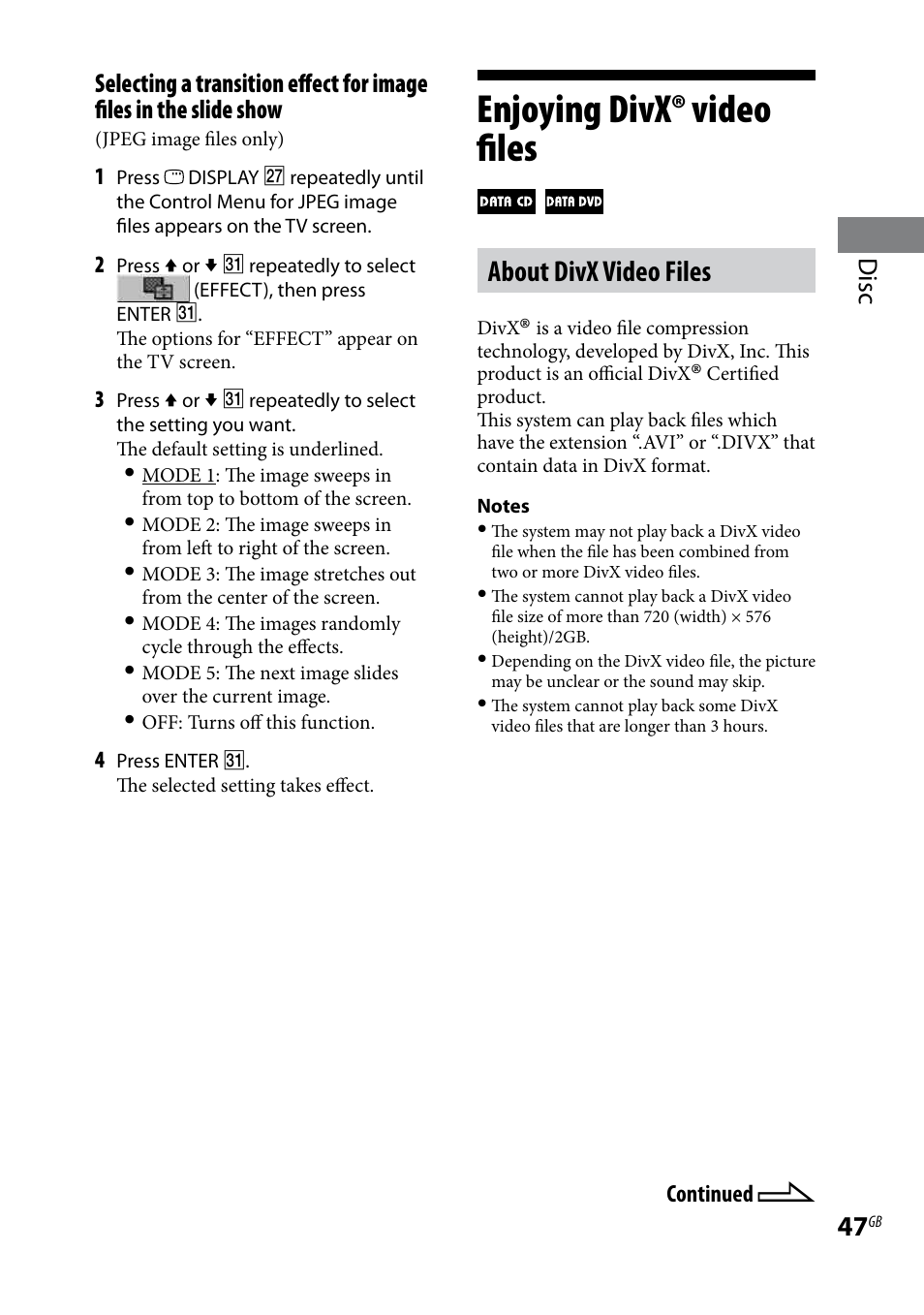 Enjoying divx® video files, About divx video files | Sony 3-097-194-15(1) User Manual | Page 47 / 112