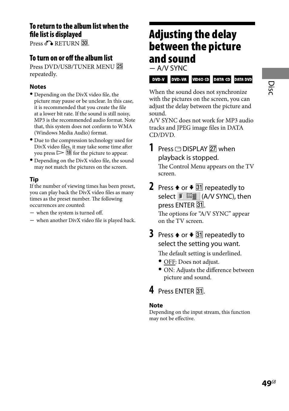 Adjusting the delay between the picture and sound, A/v sync, Adjusting the delay between the | Picture and sound  a/v sync | Sony 3-097-194-15(1) User Manual | Page 49 / 112