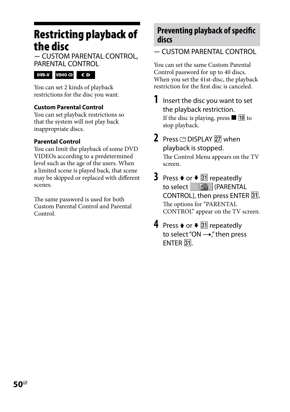 Restricting playback of the disc, Custom parental control, parental control, Parental control | Preventing playback of specific discs | Sony 3-097-194-15(1) User Manual | Page 50 / 112
