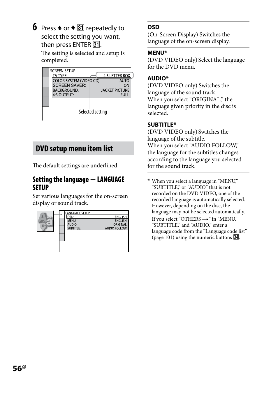 Dvd setup menu item list, Setting the language  language setup | Sony 3-097-194-15(1) User Manual | Page 56 / 112