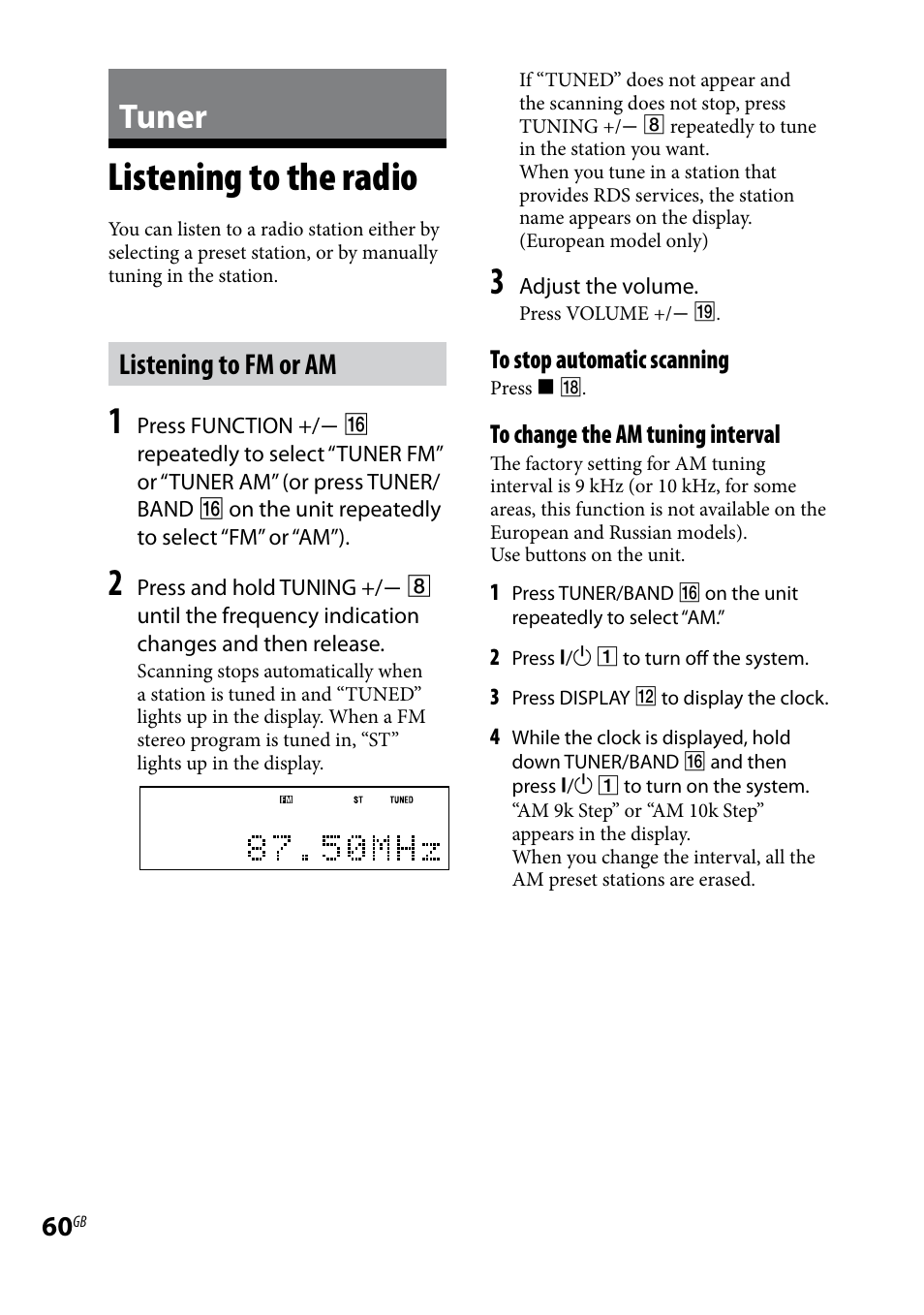 Tuner, Listening to the radio, Listening to fm or am | Sony 3-097-194-15(1) User Manual | Page 60 / 112
