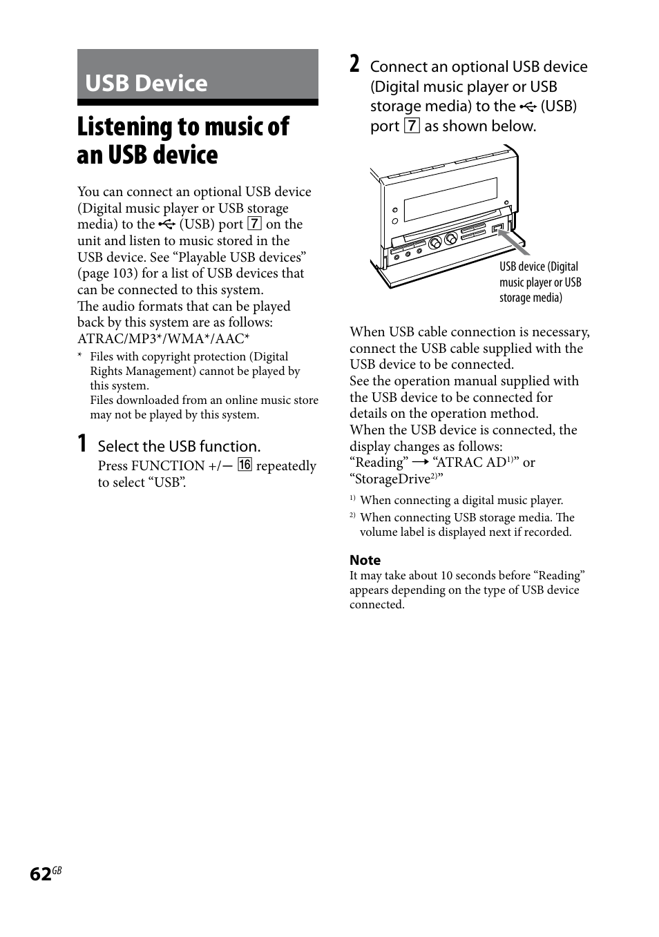 Usb device, Listening to music of an usb device, Listening to music of | An usb device | Sony 3-097-194-15(1) User Manual | Page 62 / 112