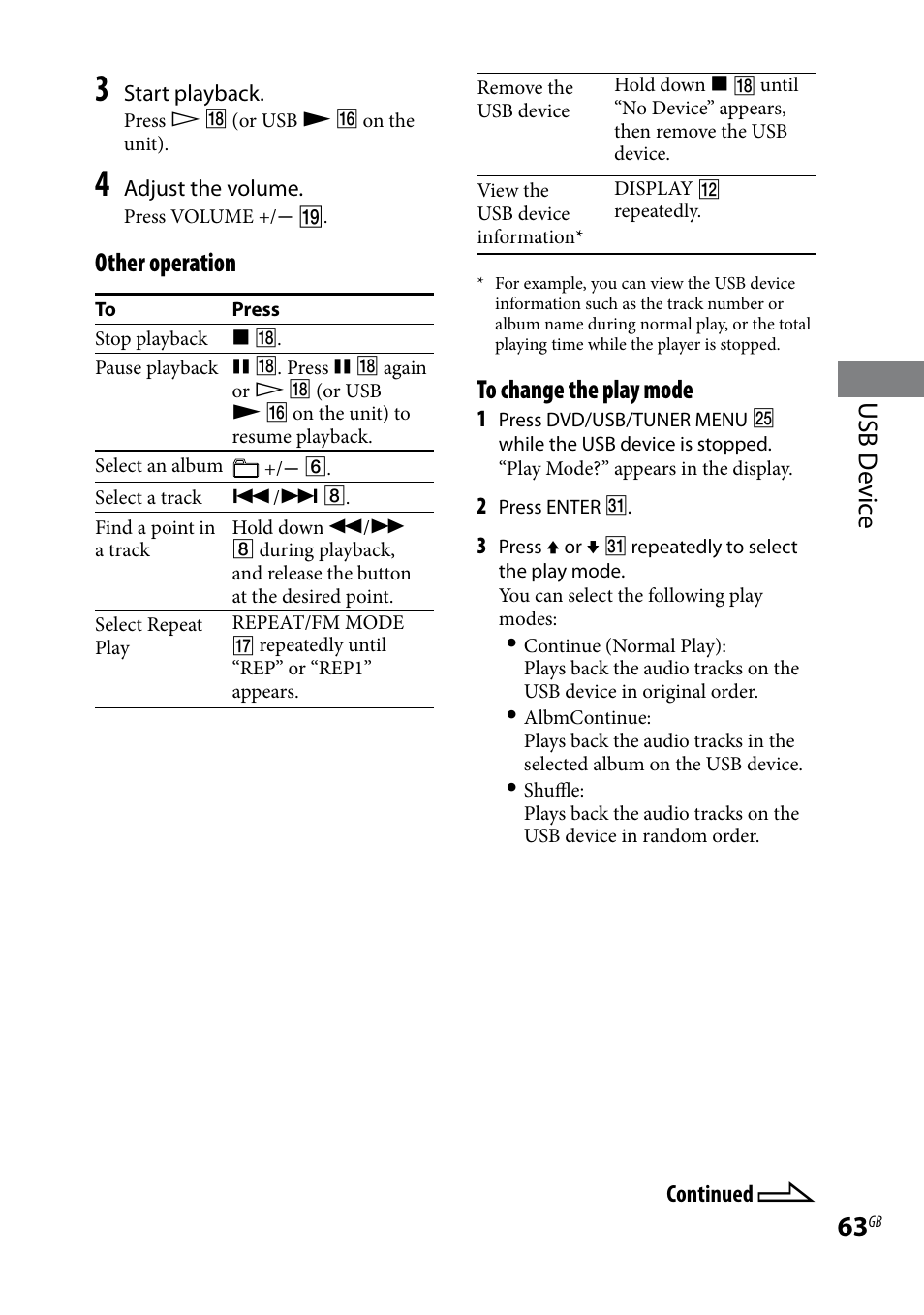 Usb d evic e, Other operation | Sony 3-097-194-15(1) User Manual | Page 63 / 112