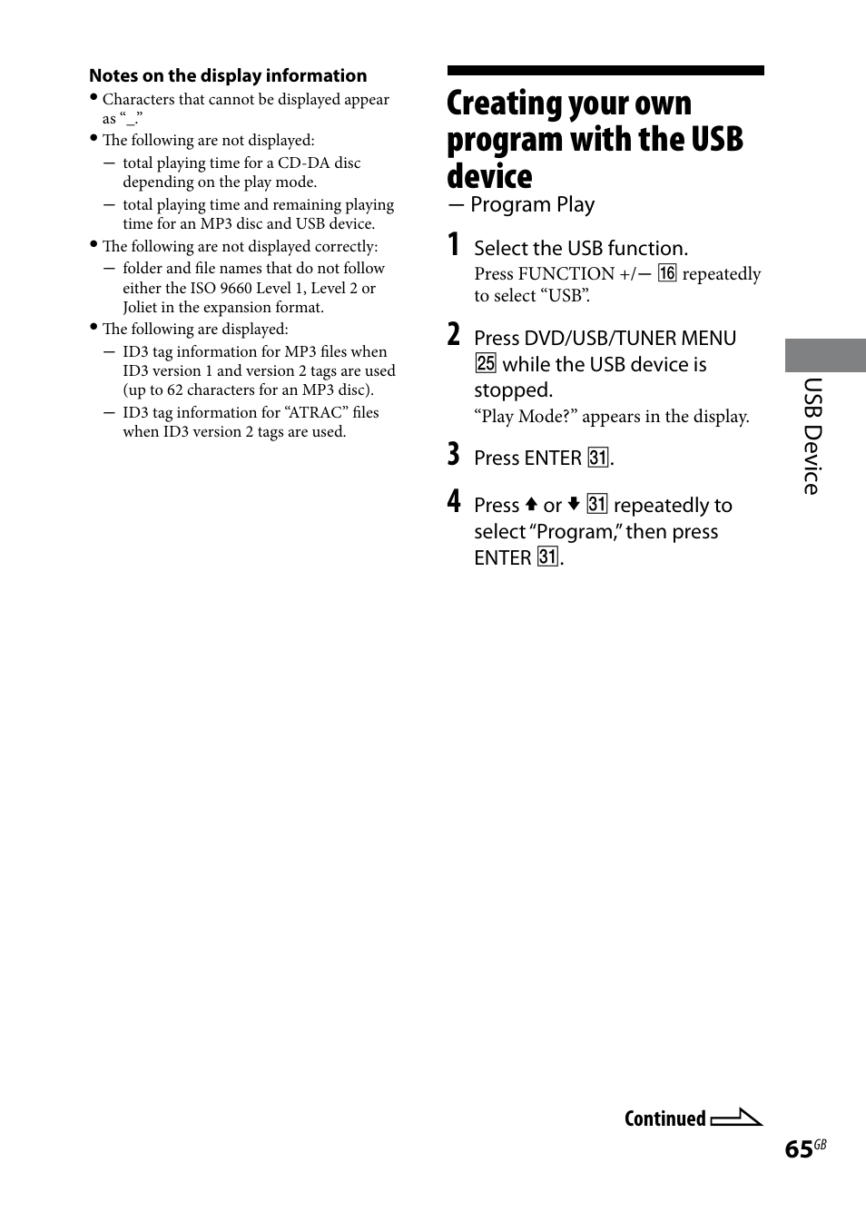 Creating your own program with the usb device, Program play, Creating your own program with | The usb device  program play | Sony 3-097-194-15(1) User Manual | Page 65 / 112