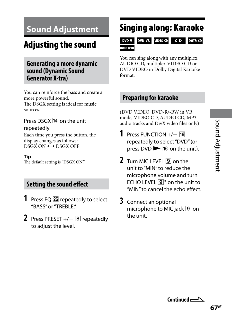 Sound adjustment, Adjusting the sound, Singing along: karaoke | Adjusting the sound singing along: karaoke, Setting the sound effect, Preparing for karaoke | Sony 3-097-194-15(1) User Manual | Page 67 / 112