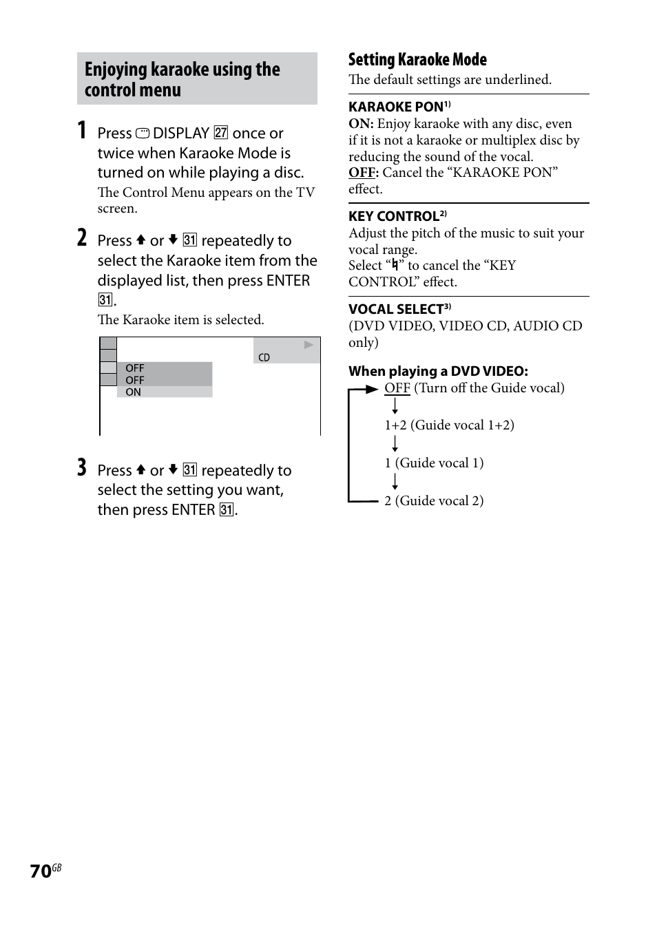 Enjoying karaoke using the control menu, Setting karaoke mode | Sony 3-097-194-15(1) User Manual | Page 70 / 112