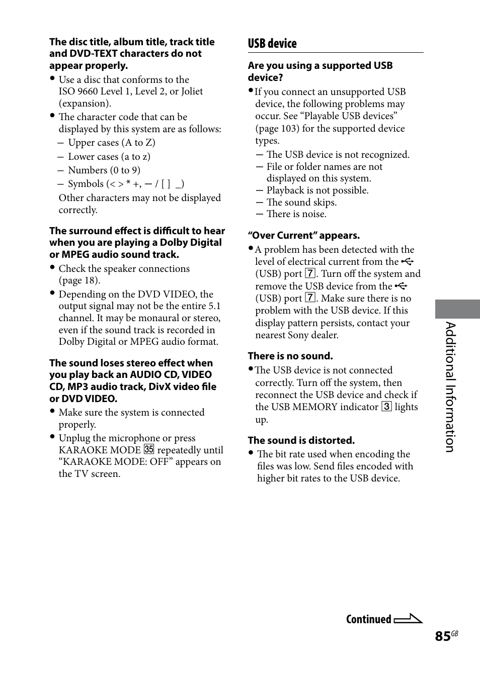 Additional i nf or ma tion, Usb device | Sony 3-097-194-15(1) User Manual | Page 85 / 112