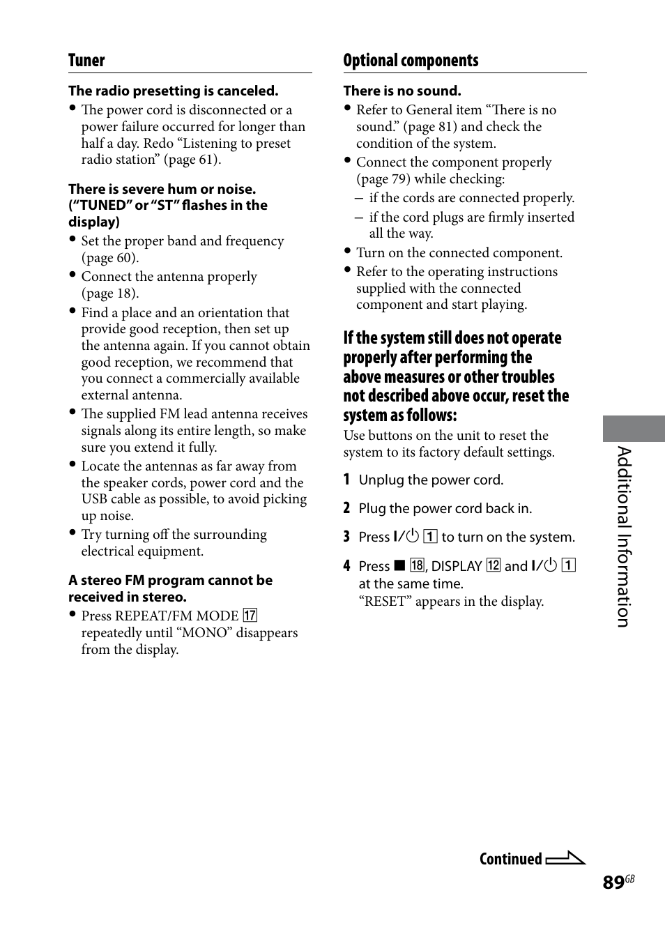 Additional i nf or ma tion tuner, Optional components | Sony 3-097-194-15(1) User Manual | Page 89 / 112
