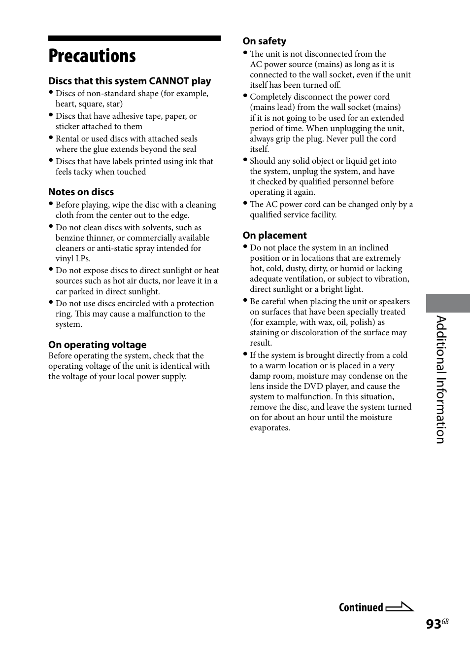 Precautions, Additional i nf or ma tion, Continued | Sony 3-097-194-15(1) User Manual | Page 93 / 112