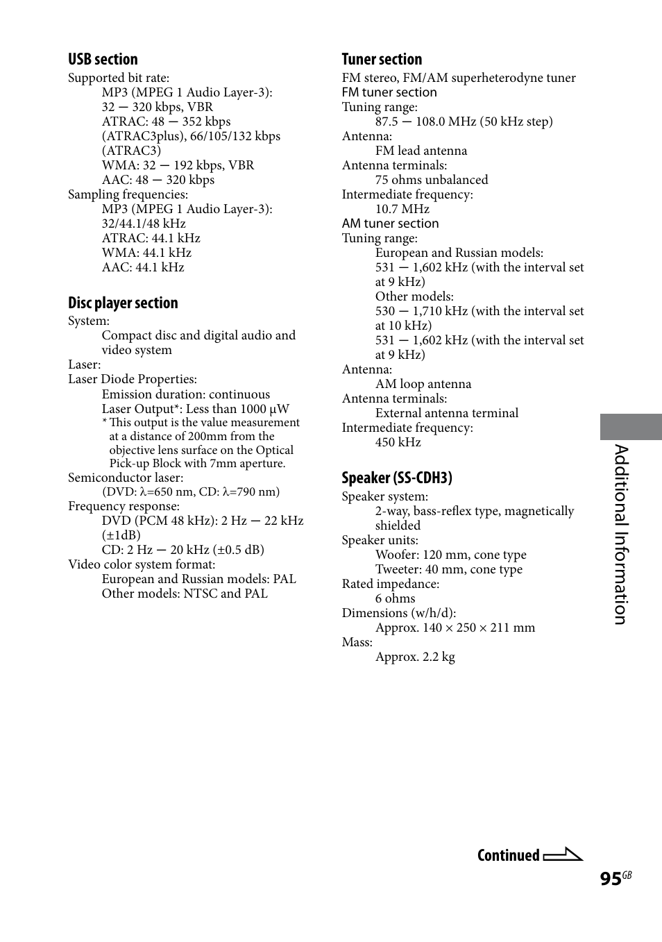 Additional i nf or ma tion, Speaker (ss-cdh3), Continued | Sony 3-097-194-15(1) User Manual | Page 95 / 112
