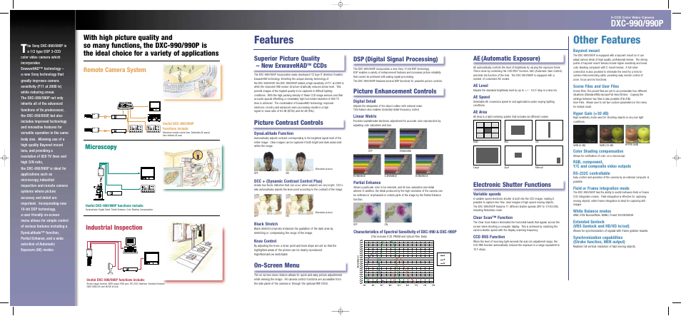 Features, Other features, Industrial inspection | Microscopy, Remote camera system, Superior picture quality – new exwavehad, Ccds, Electronic shutter functions, Dsp (digital signal processing), Picture contrast controls | Sony DXC-990 User Manual | Page 4 / 6