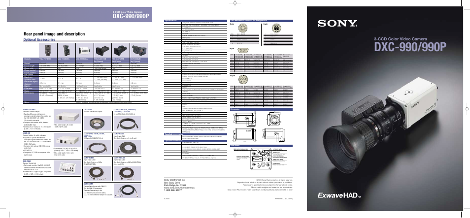 Rear panel image and description, Optional accessories, Ccd color video camera | Cma-d3, Rm-c950, Lo-32bmt, Cma-d2/d2md, Ccxc-9dbus, Ccmc-9ds/us, Ccmc-3mz | Sony DXC-990 User Manual | Page 6 / 6