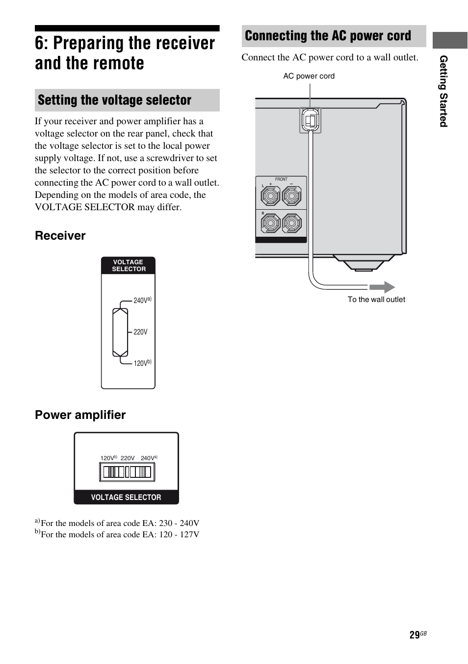 Preparing the receiver and the remote, Setting the voltage selector, Connecting the ac power cord | Receiver power amplifier, Ge tting star te d, Connect the ac power cord to a wall outlet | Sony HT-DDW5500 User Manual | Page 29 / 76