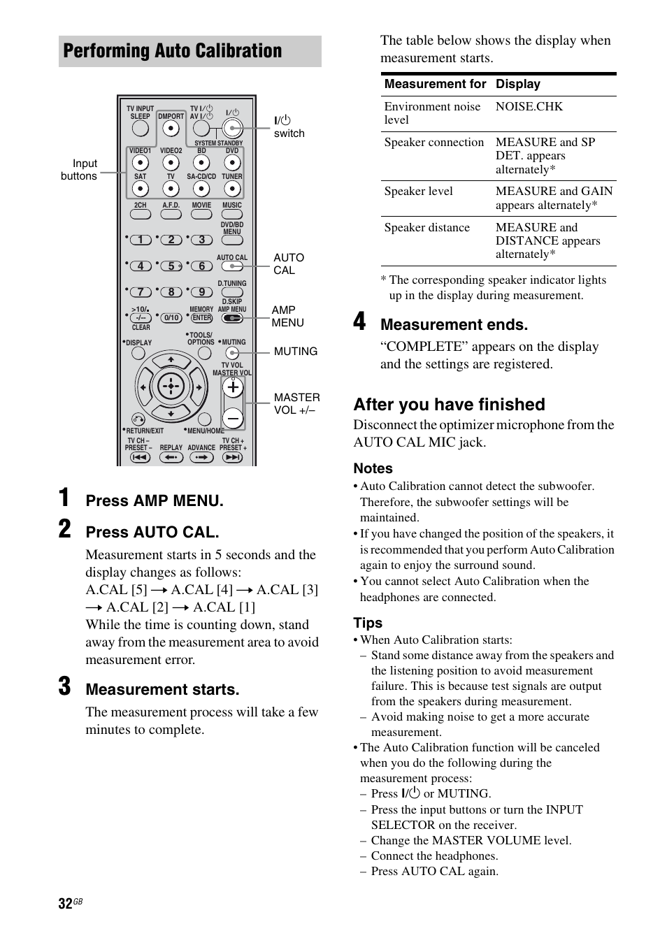 Performing auto calibration, After you have finished, Press amp menu | Press auto cal, Measurement starts, Measurement ends, Tips | Sony HT-DDW5500 User Manual | Page 32 / 76