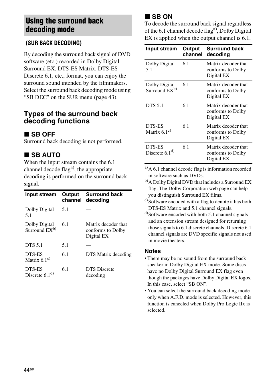 Using the surround back decoding mode, Types of the surround back decoding functions, X sb off | X sb auto, X sb on | Sony HT-DDW5500 User Manual | Page 44 / 76