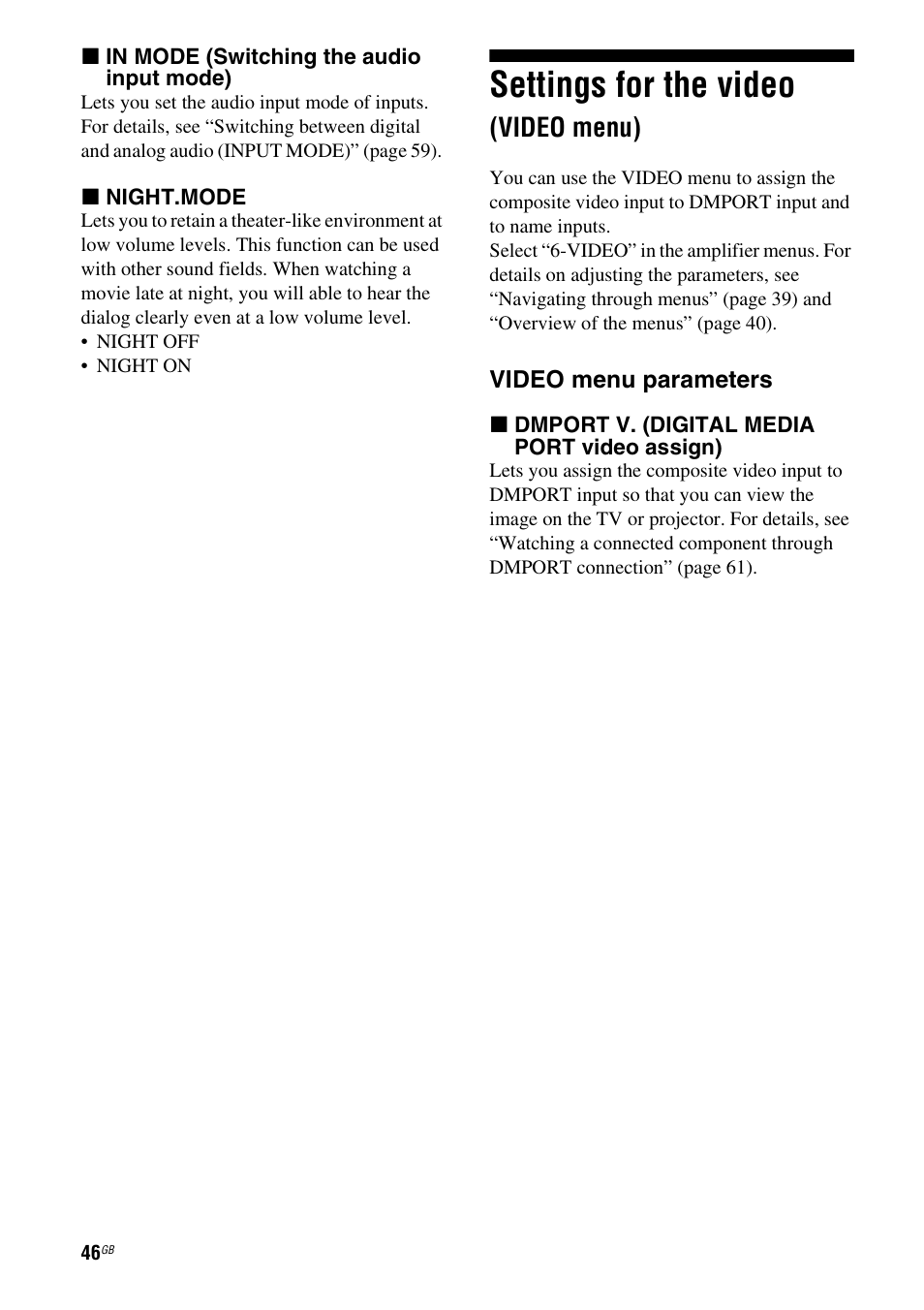 Settings for the video (video menu), Settings for the video, Video menu) | Sony HT-DDW5500 User Manual | Page 46 / 76