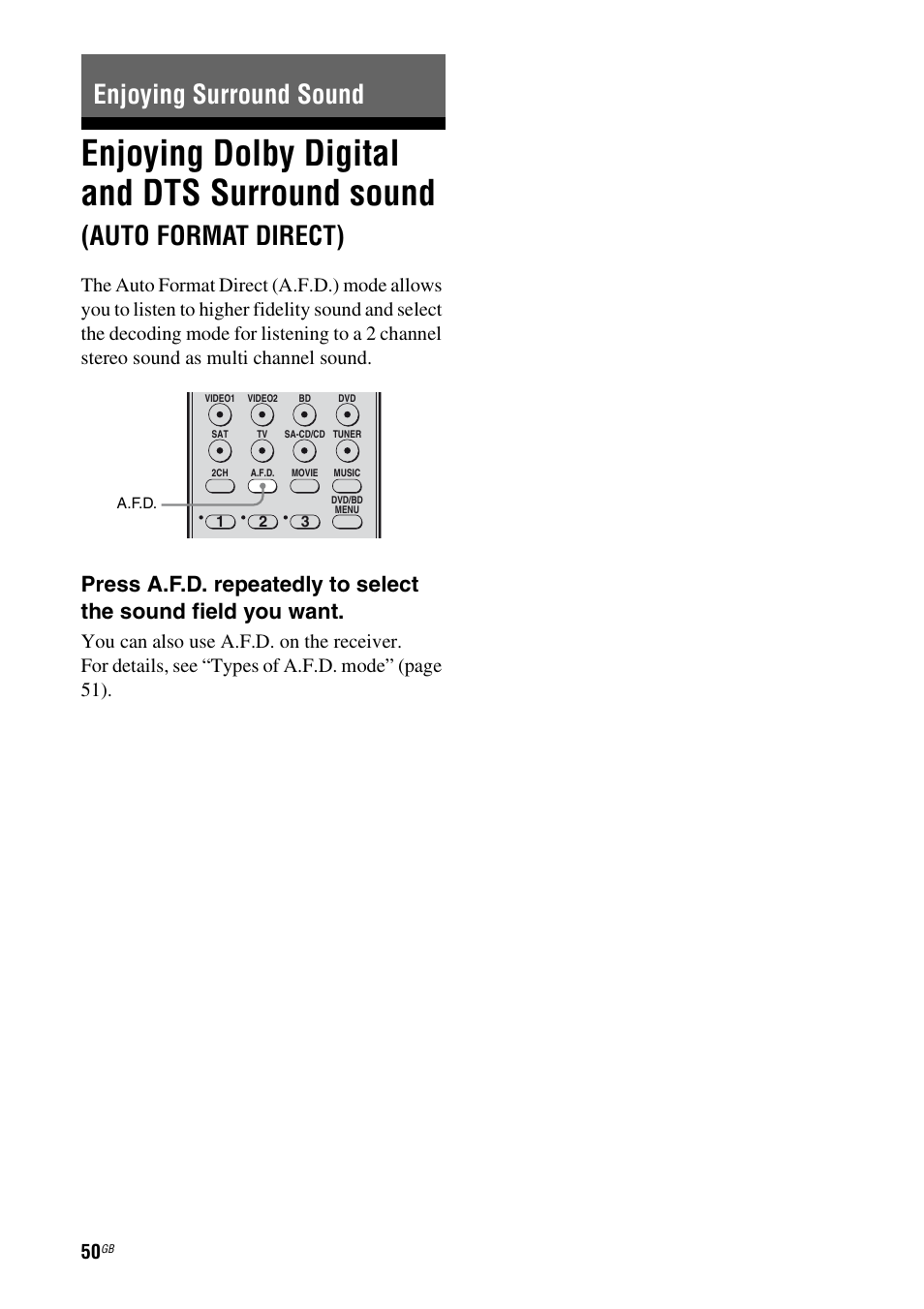 Enjoying surround sound, Enjoying dolby digital and dts surround, Sound (auto format direct) | Enjoying dolby digital and dts surround sound, Auto format direct) | Sony HT-DDW5500 User Manual | Page 50 / 76