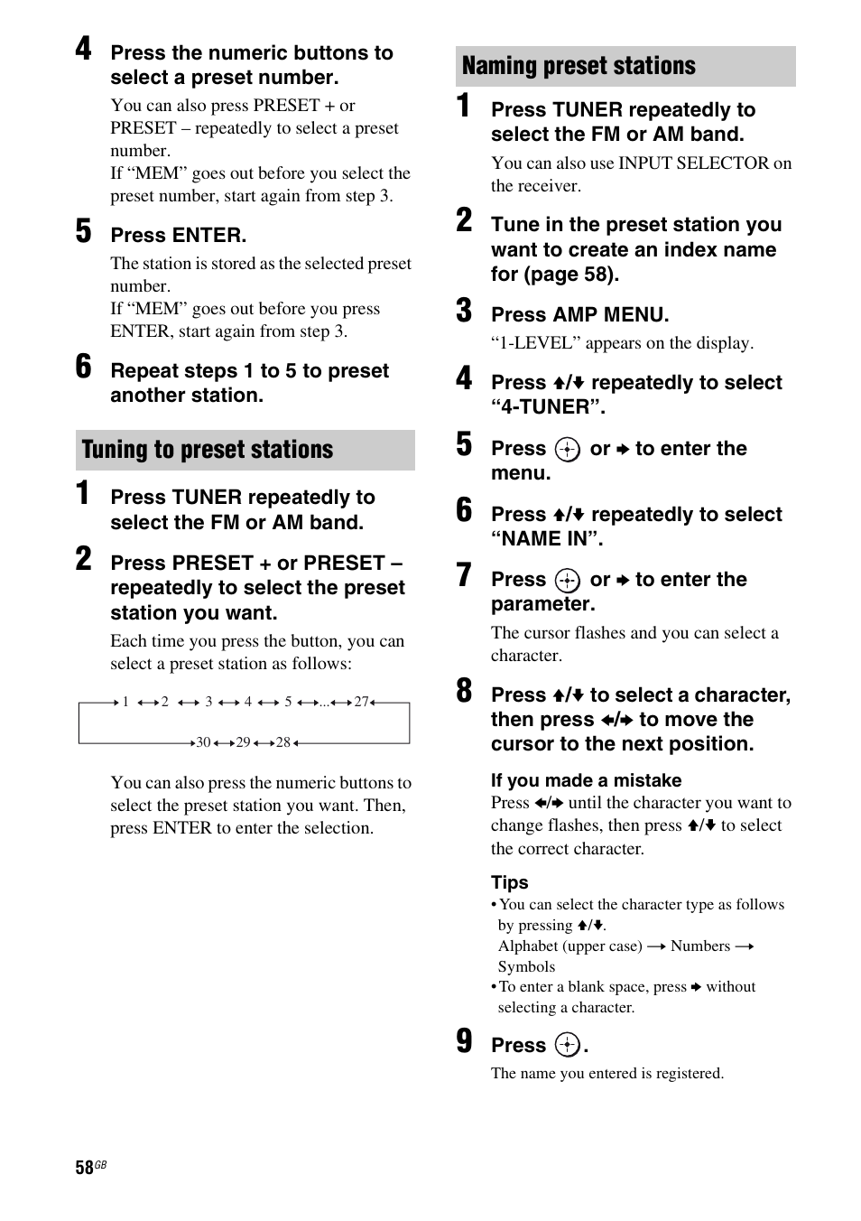 Tuning to preset stations, Naming preset stations | Sony HT-DDW5500 User Manual | Page 58 / 76