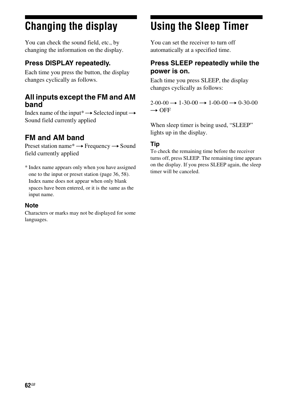 Changing the display, Using the sleep timer, Changing the display using the sleep timer | Sony HT-DDW5500 User Manual | Page 62 / 76