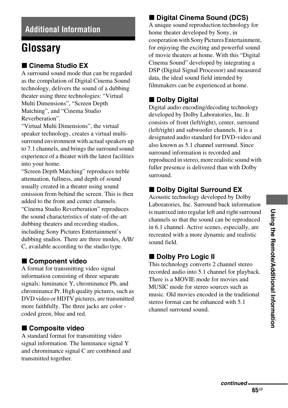 Additional information, Glossary | Sony HT-DDW5500 User Manual | Page 65 / 76