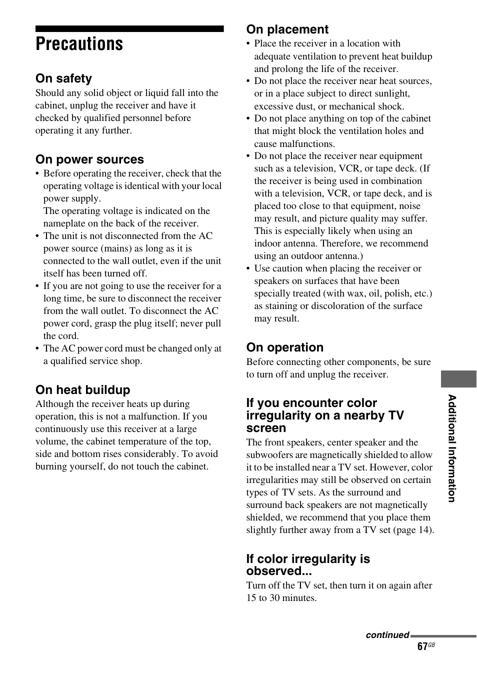 Precautions | Sony HT-DDW5500 User Manual | Page 67 / 76