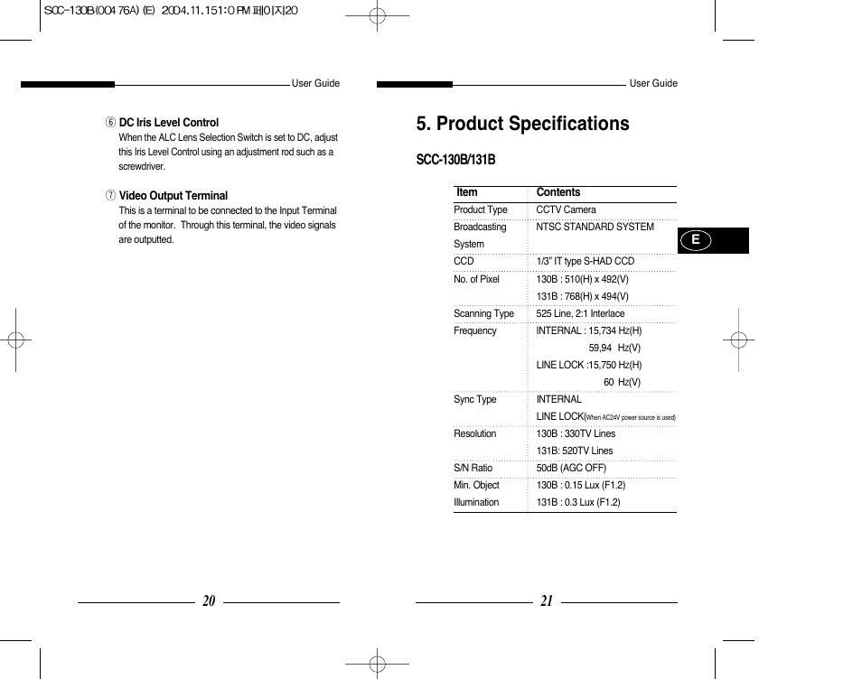 Product specifications | Samsung SCC-101BP User Manual | Page 13 / 99