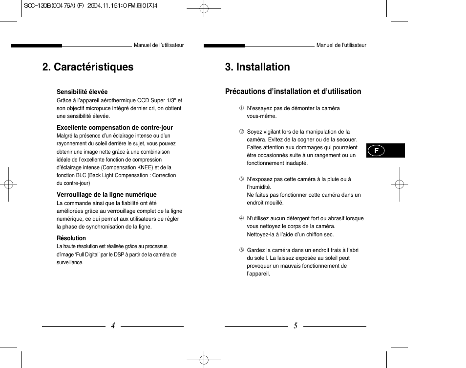 Installation, Caractéristiques | Samsung SCC-101BP User Manual | Page 19 / 99