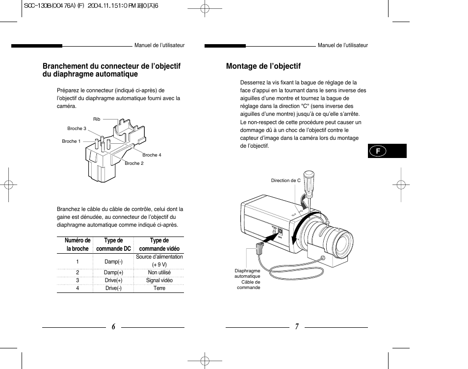 Montage de l’objectif | Samsung SCC-101BP User Manual | Page 20 / 99