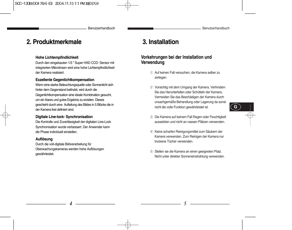 Installation, Produktmerkmale | Samsung SCC-101BP User Manual | Page 33 / 99