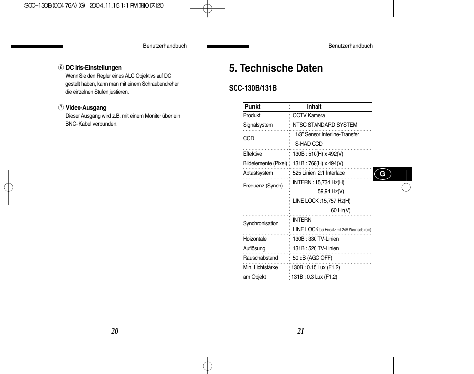 Technische daten | Samsung SCC-101BP User Manual | Page 41 / 99